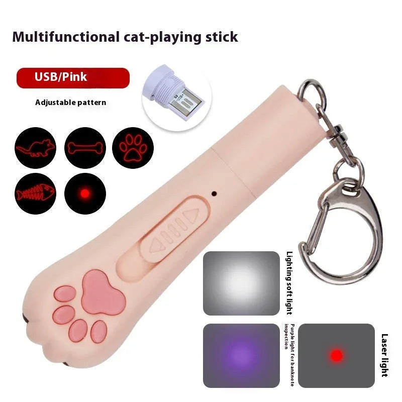 Infrared cat teasing stick with laser patterns, moon-light lamp and pet footprints design in plastic