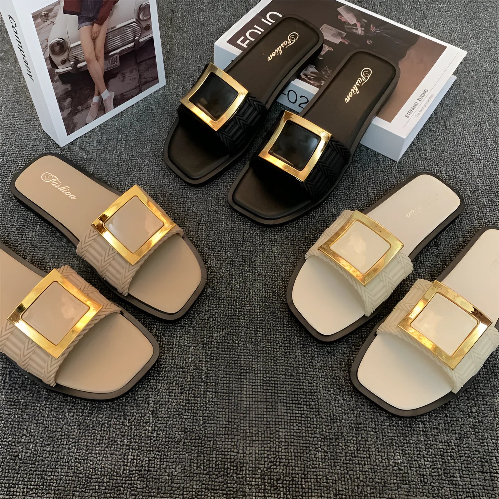 Women's casual flat slippers in apricot colour with a lightweight PVC sole.