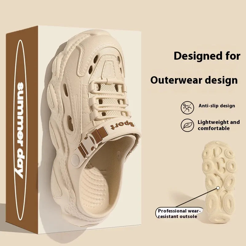 Men's khaki outdoor summer slippers with hollow-out design and textured EVA sole.