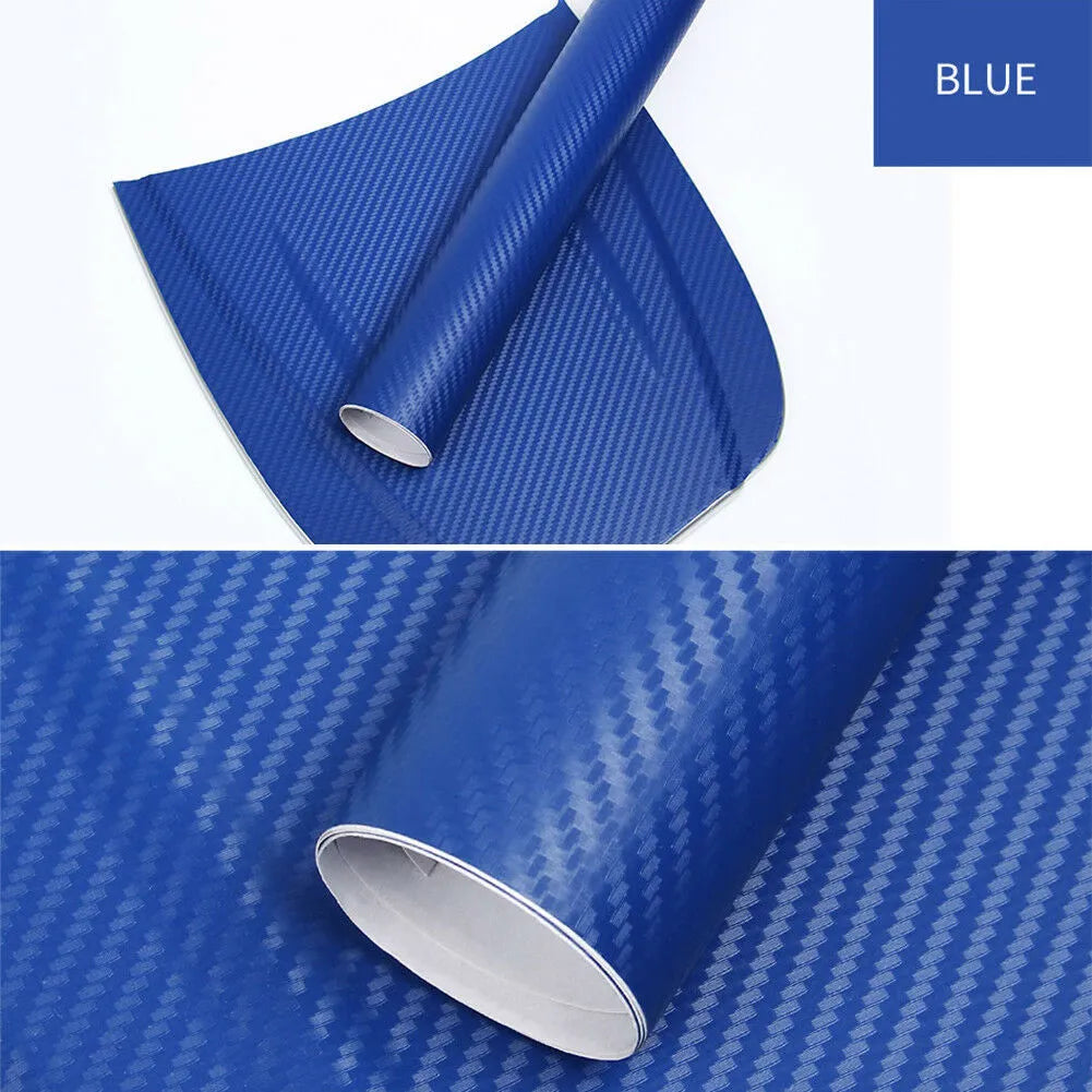 Roll of 3D carbon fibre patterned car sticker in one of eight colours, showing textured black and silver weave design