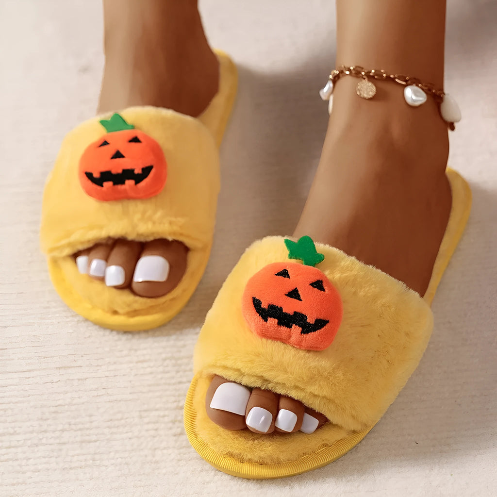 Yellow and white Halloween pumpkin cartoon design plush open-toe slippers with synthetic fur