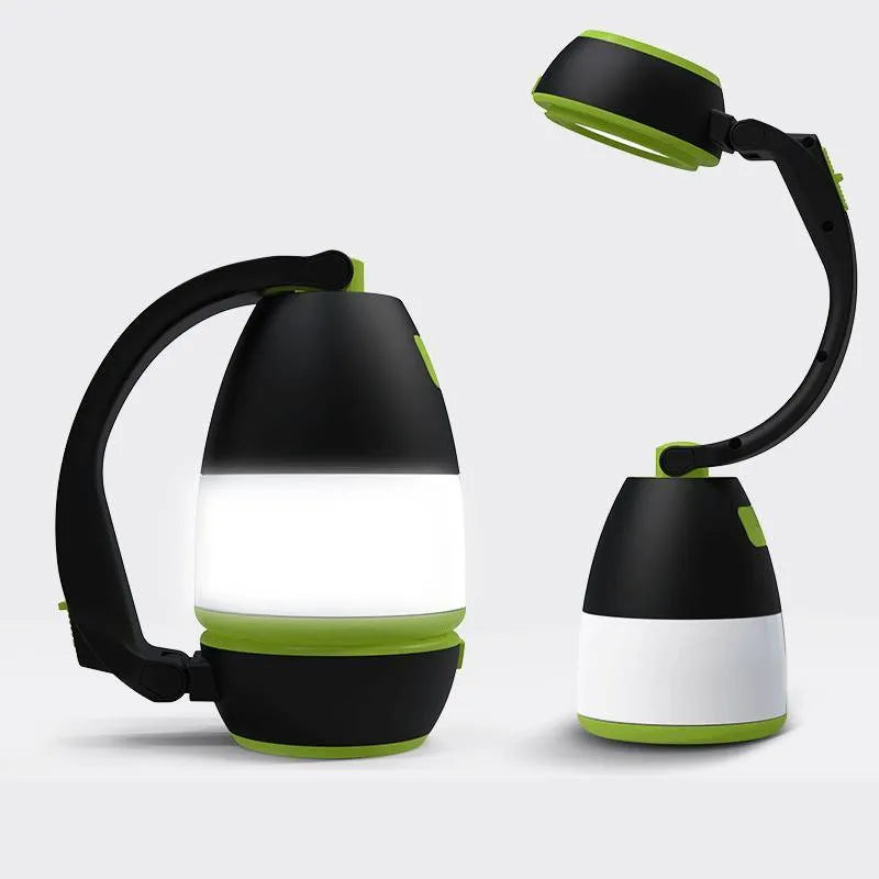 Black green foldable 3-in-1 LED lamp showing adjustable head and compact size for camping and desk use