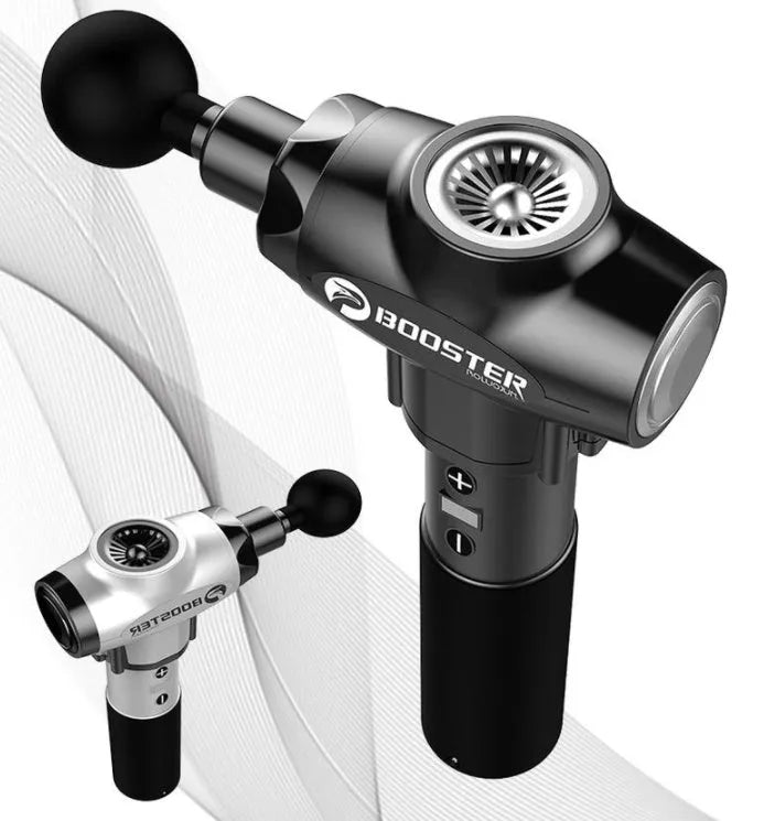 Black and white muscle massage gun with 24V battery and adjustable speed control