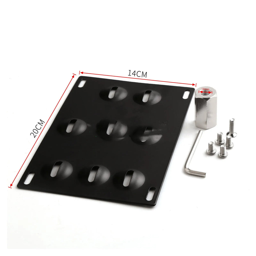Black metal licence plate frame with trailer hook mount for car modification