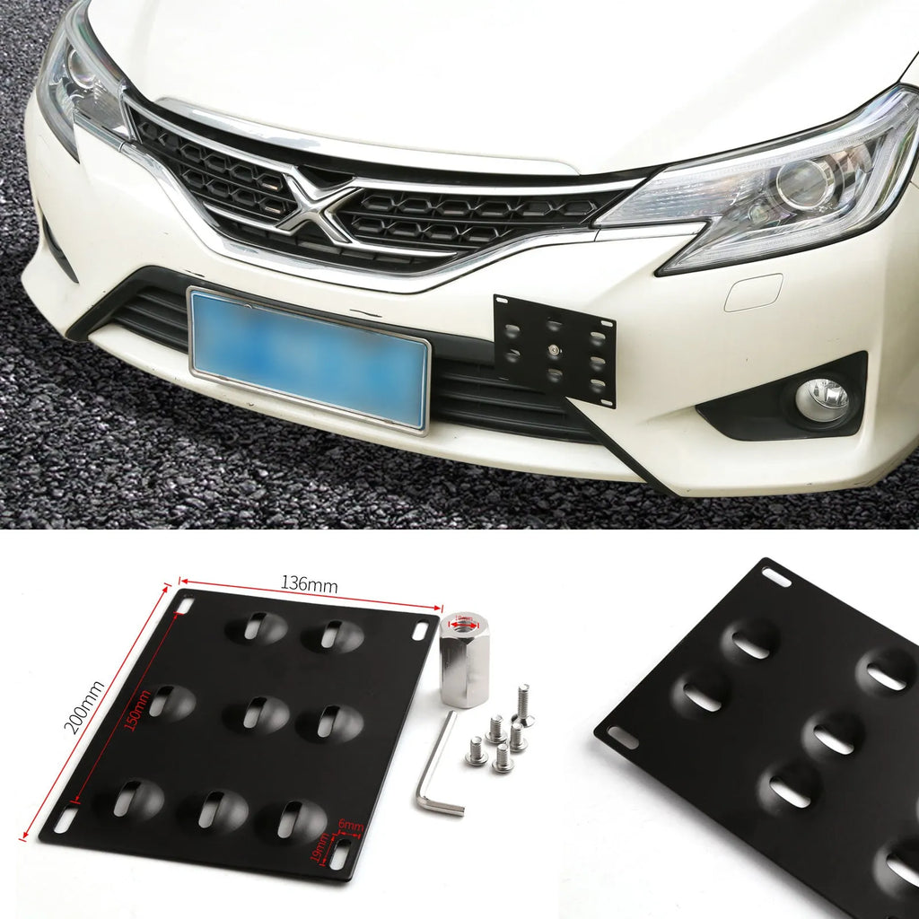 Black metal licence plate frame with trailer hook mount for car modification