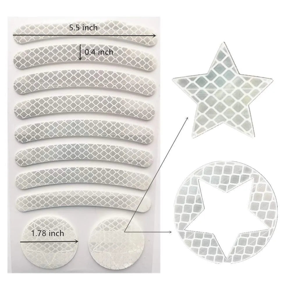 Bicycle reflective tape with geometric grid pattern in four colours showing 11.5x21cm dimensions