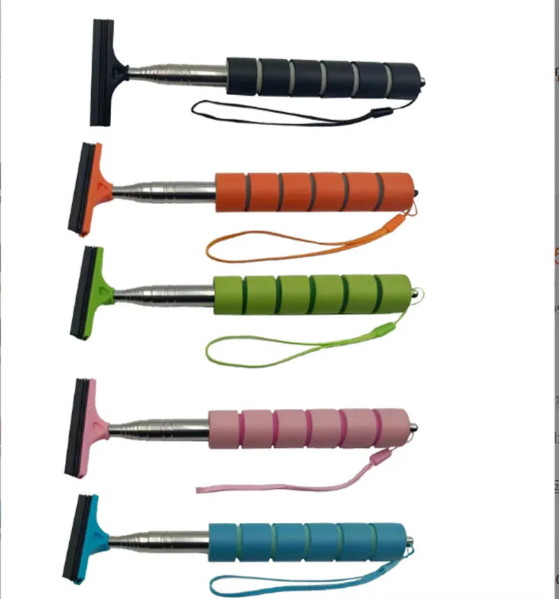 Retractable stainless steel car rearview mirror wiper extended to show full length.