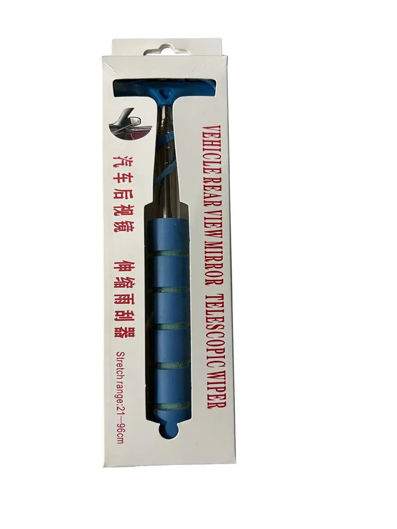Retractable stainless steel car rearview mirror wiper extended to show full length.