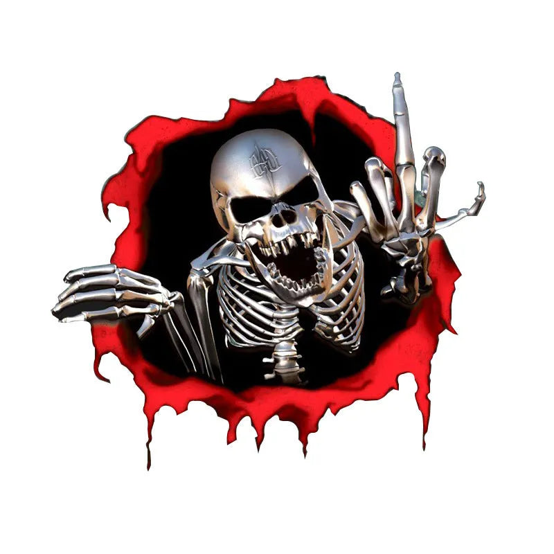 Colourful reflective metal skull car bumper sticker with broken shell pattern