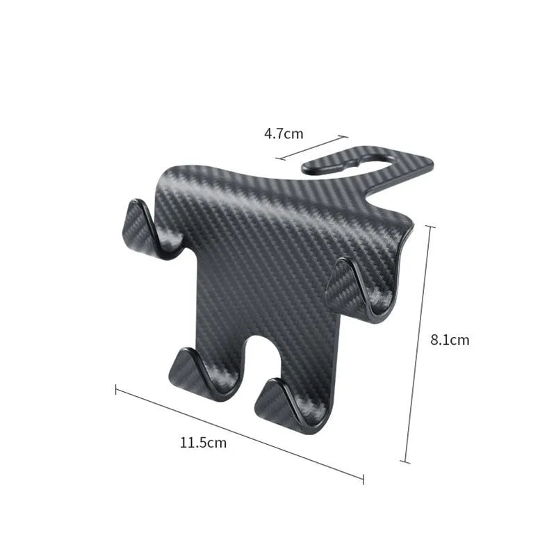 Black ABS plastic car hook and phone holder bracket mounted behind a car seat headrest.