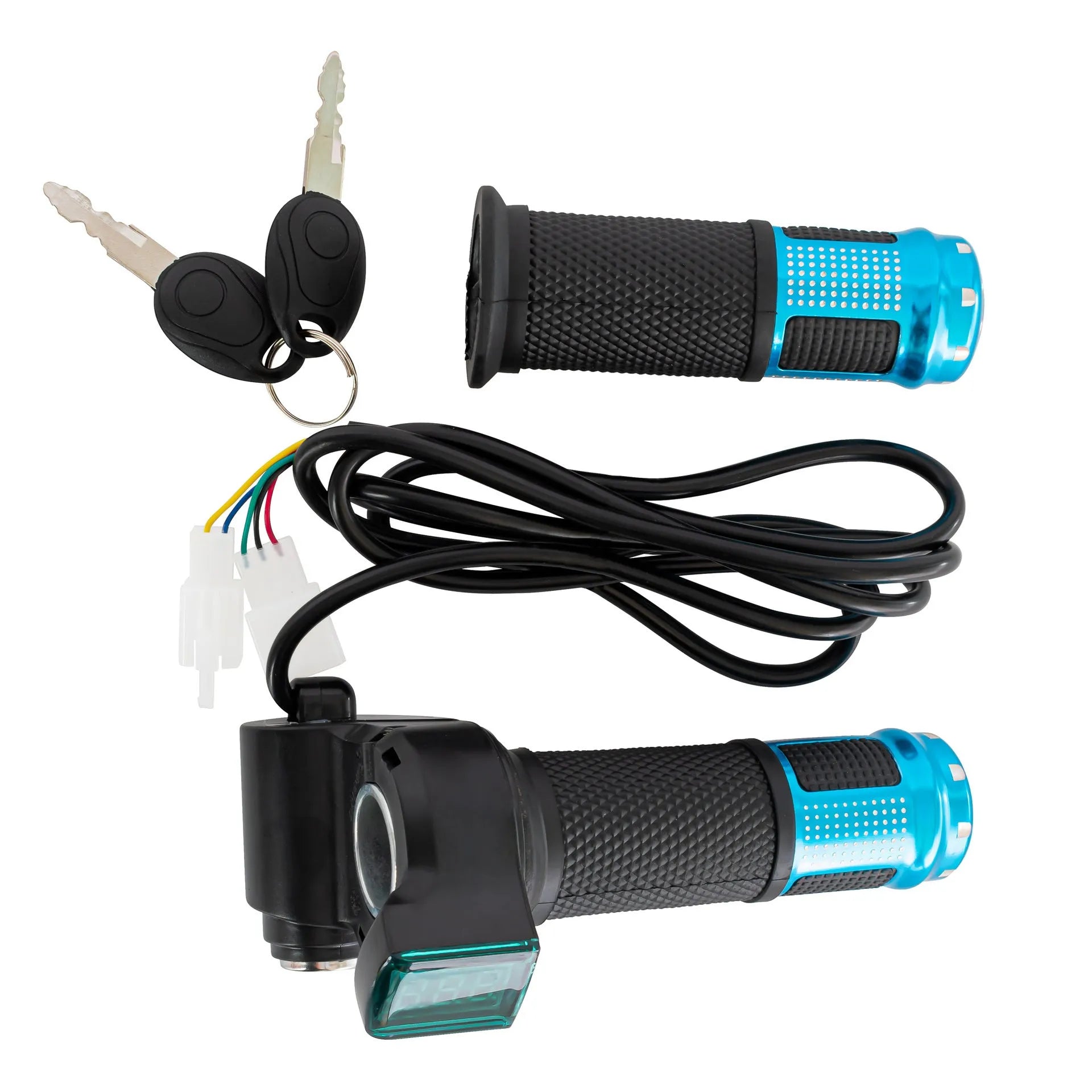 Electric vehicle handlebar throttle grip in blue red silver yellow colours with 5-core wiring visible