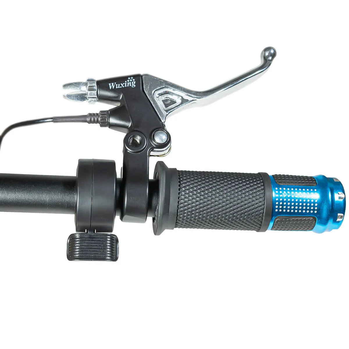 Electric vehicle handlebar throttle grip in blue red silver yellow colours with 5-core wiring visible