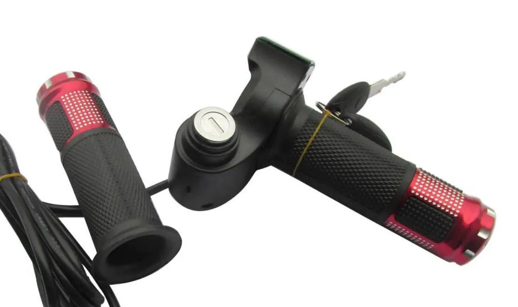 Electric vehicle handlebar throttle grip in blue red silver yellow colours with 5-core wiring visible