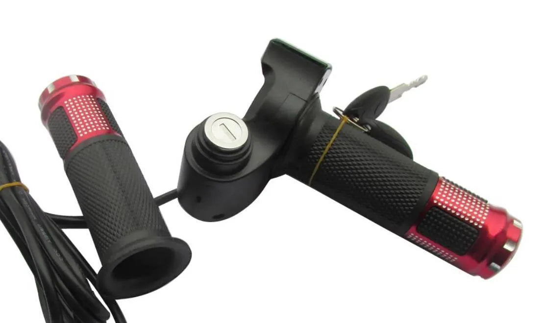 Electric vehicle handlebar throttle grip in blue red silver yellow colours with 5-core wiring visible