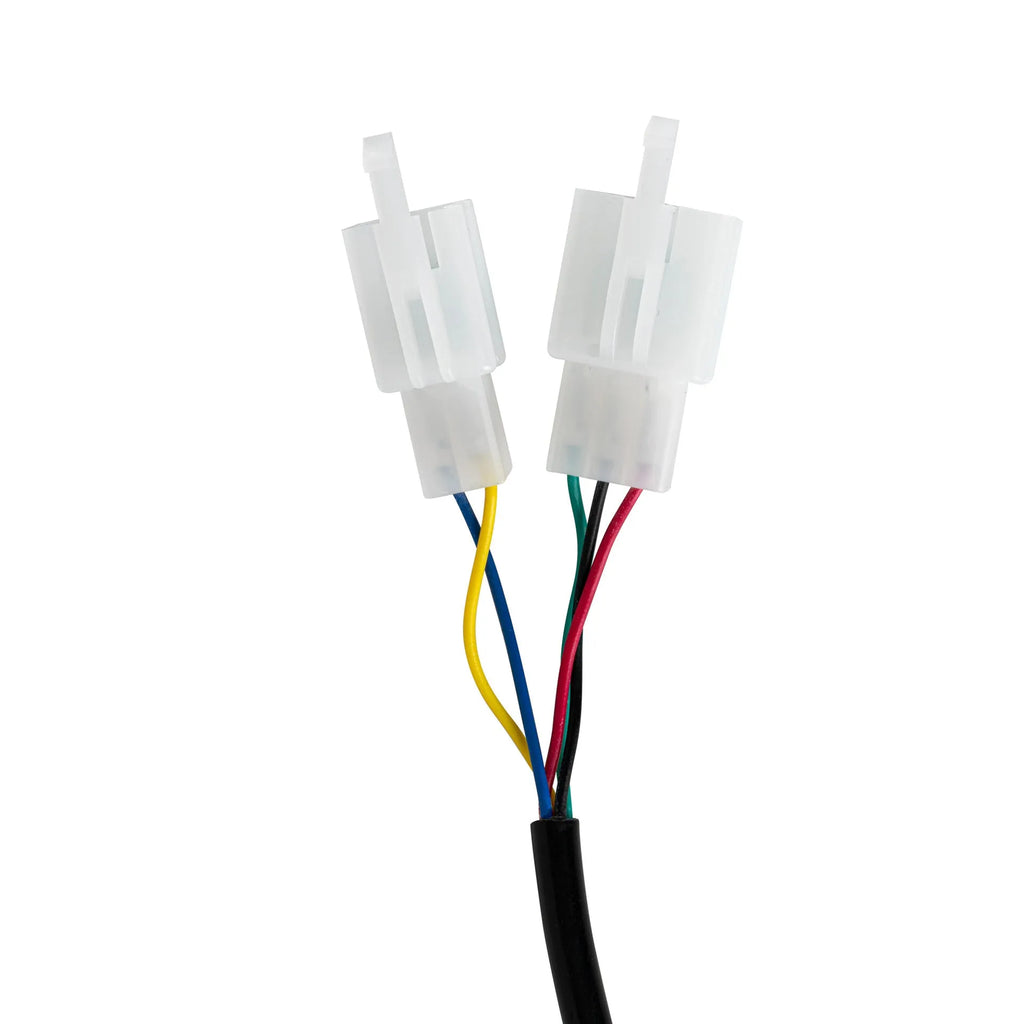 Electric vehicle handlebar throttle grip in blue red silver yellow colours with 5-core wiring visible
