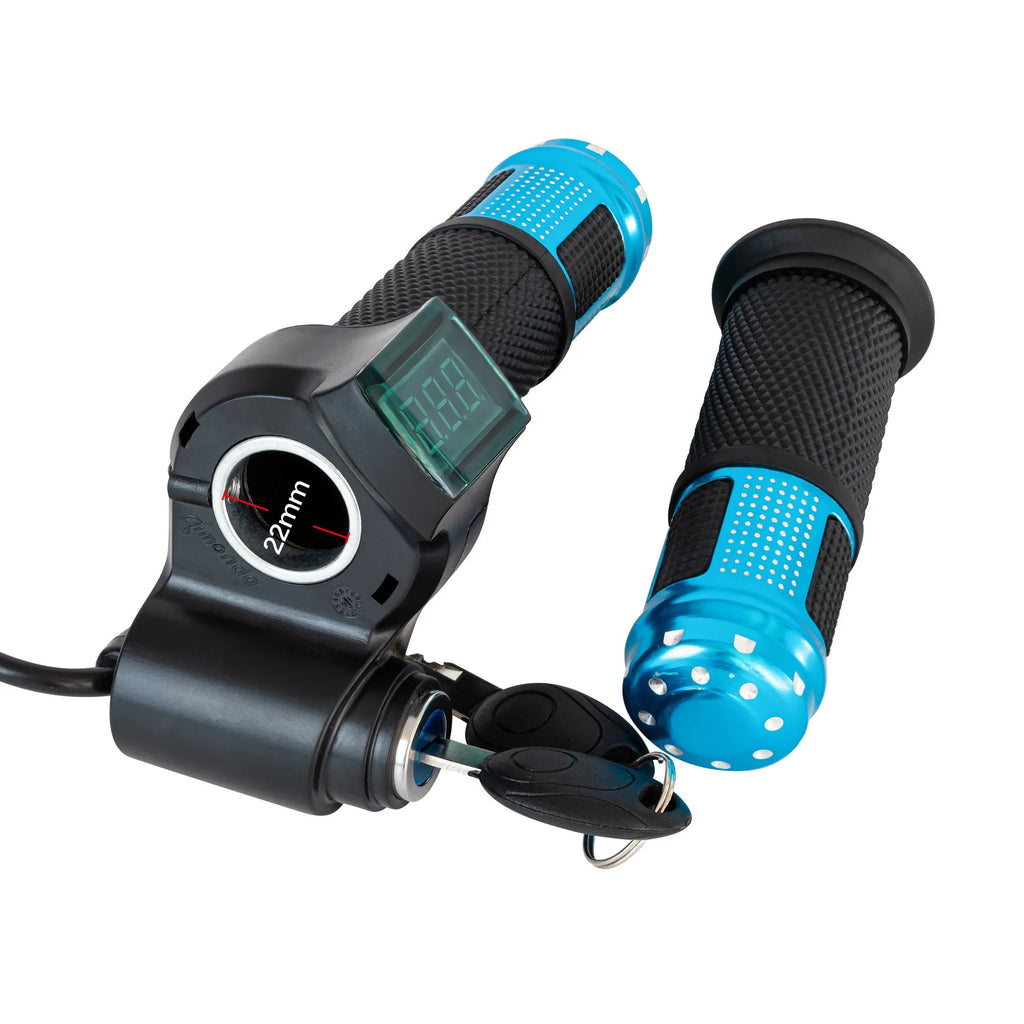 Electric vehicle handlebar throttle grip in blue red silver yellow colours with 5-core wiring visible