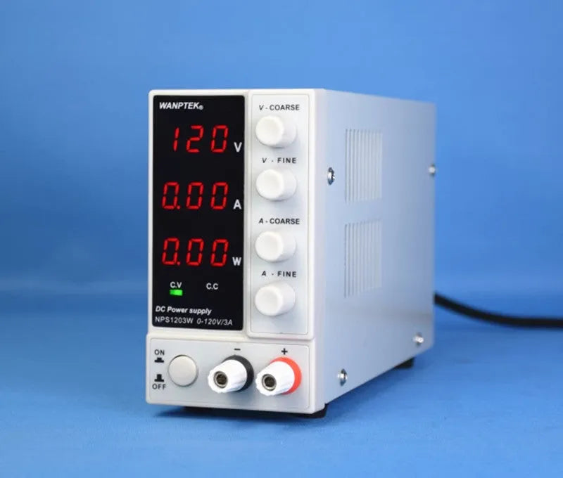 White adjustable DC bench power supply model NPS605W with voltage and current control dials.