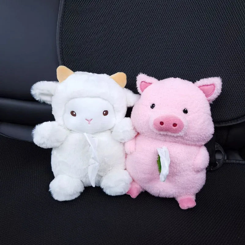 Plush cartoon lamb car tissue box holder for vehicle or home decoration