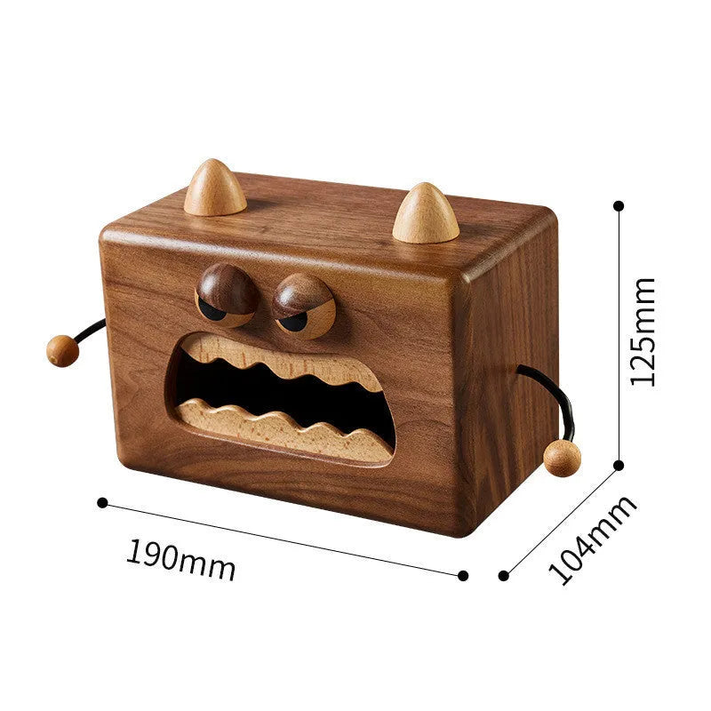 Wooden cartoon tissue box with little monster design in walnut beech finish measuring 190x104x125mm