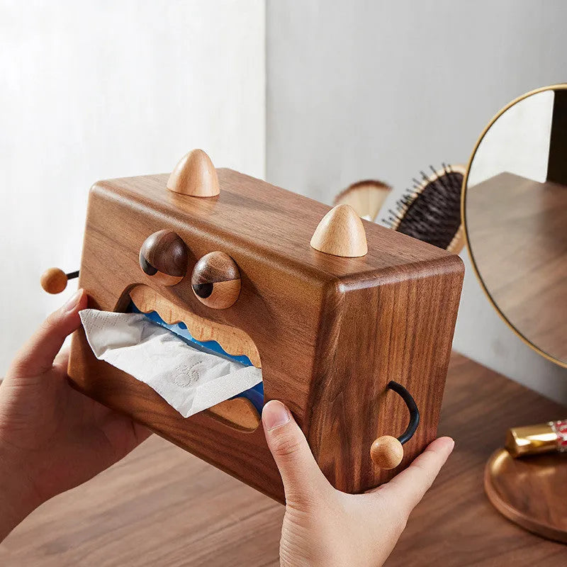 Wooden cartoon tissue box with little monster design in walnut beech finish measuring 190x104x125mm