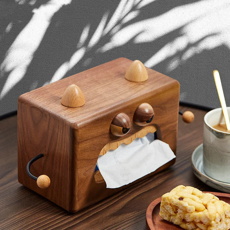 Wooden cartoon tissue box with little monster design in walnut beech finish measuring 190x104x125mm