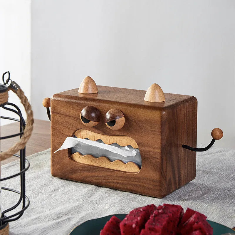 Wooden cartoon tissue box with little monster design in walnut beech finish measuring 190x104x125mm