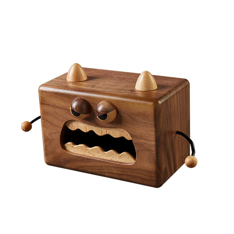 Wooden cartoon tissue box with little monster design in walnut beech finish measuring 190x104x125mm
