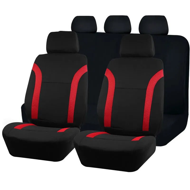 Blue polyester car seat cover with eyelet stitching on a vehicle front seat.