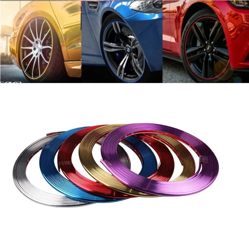 Roll of electroplated purple PVC wheel hub trim strip, 8 metres long, for car decoration and protection.