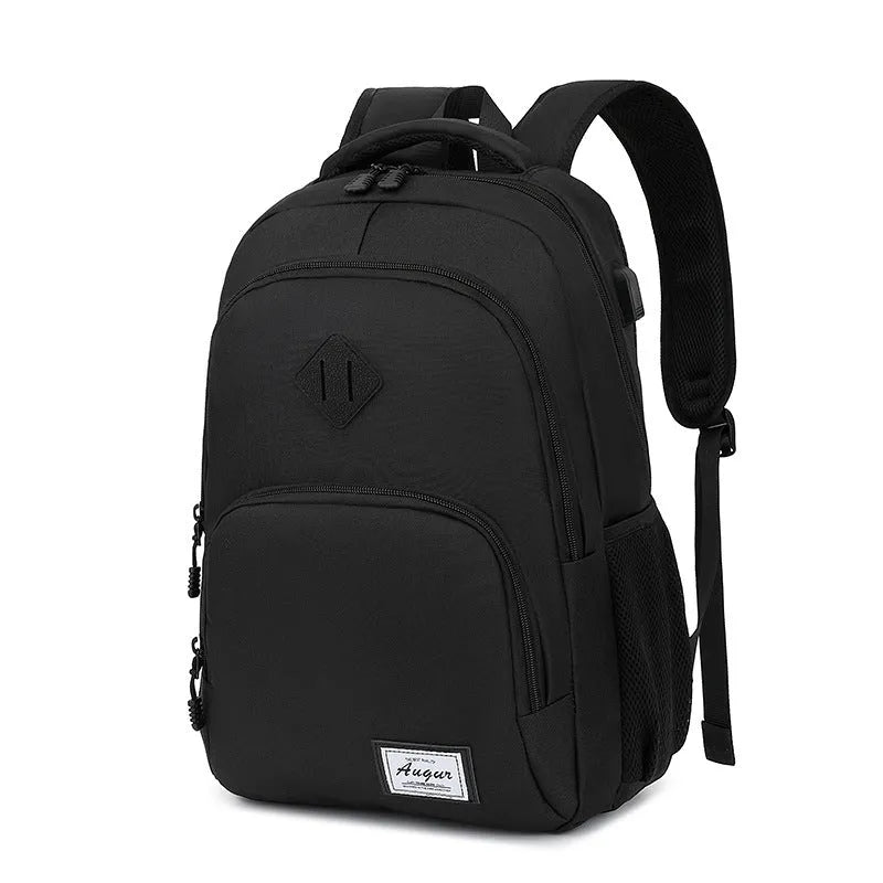 USB charging backpack with trolley strap in black, dark grey and light grey colours