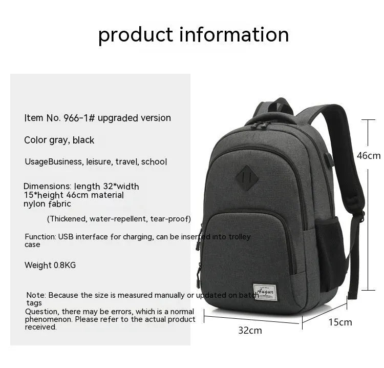 USB charging backpack with trolley strap in black, dark grey and light grey colours