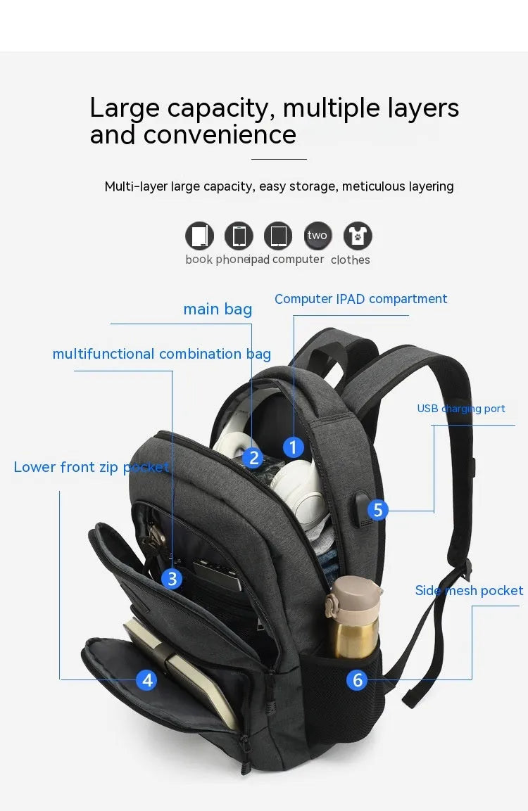 USB charging backpack with trolley strap in black, dark grey and light grey colours
