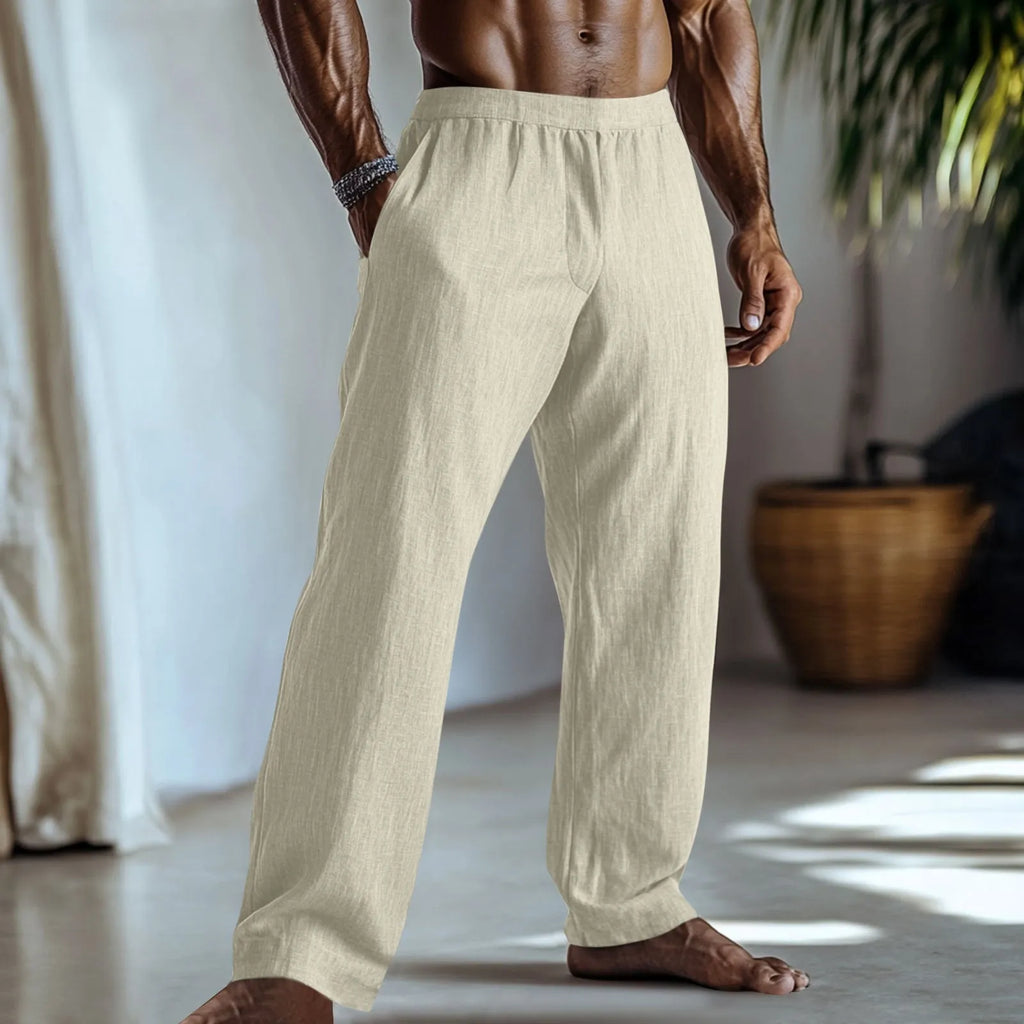 Cotton and linen straight leg trousers in light green colour with side pockets