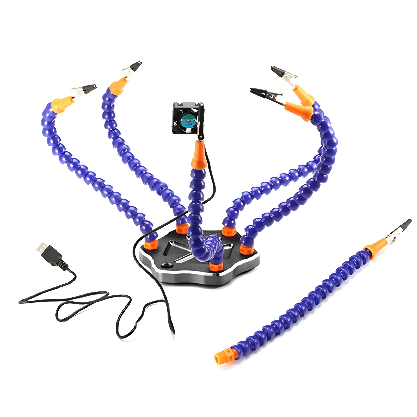 Black and purple aluminium six-jaw welding station with multiple adjustable arms for model repair soldering