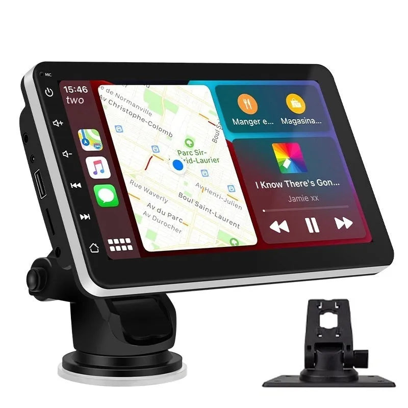 7-inch car GPS navigation unit with wireless CarPlay and reversing camera display on universal dashboard mount