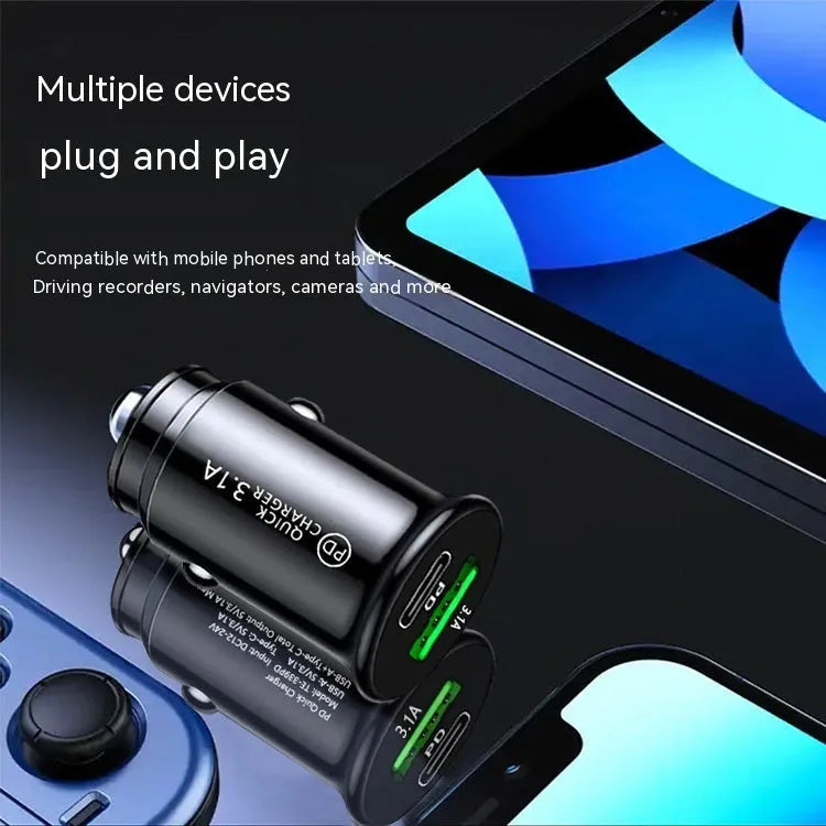 Dual port car charger converter in black or white bare metal with USB charging ports
