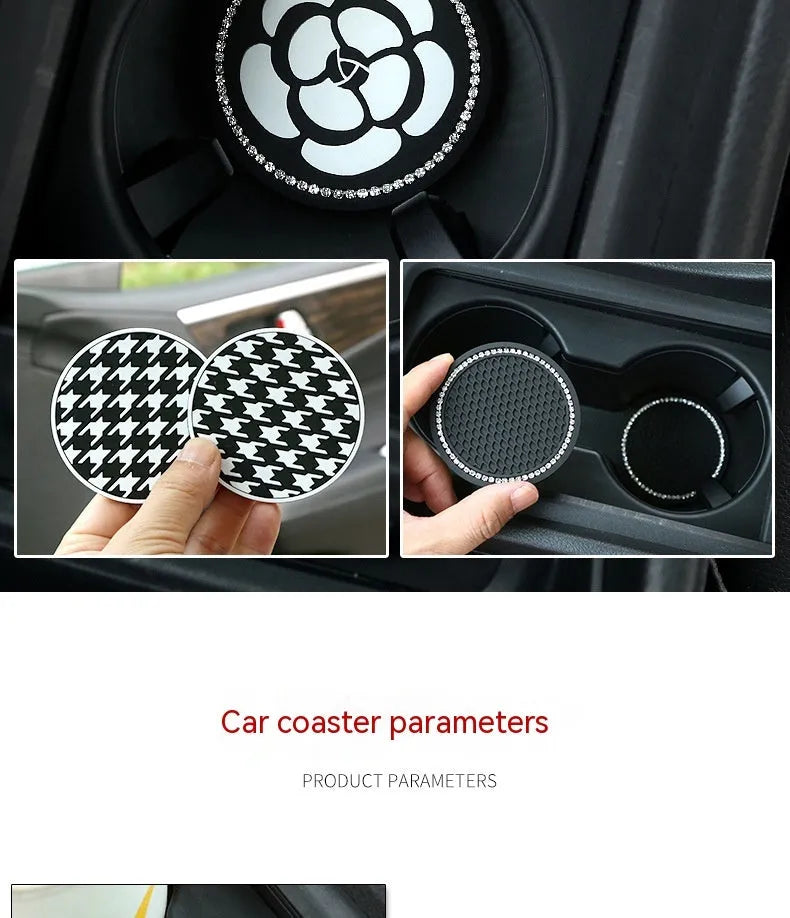 PVC non-slip car cup holder coaster mat in a black and white checkerboard pattern