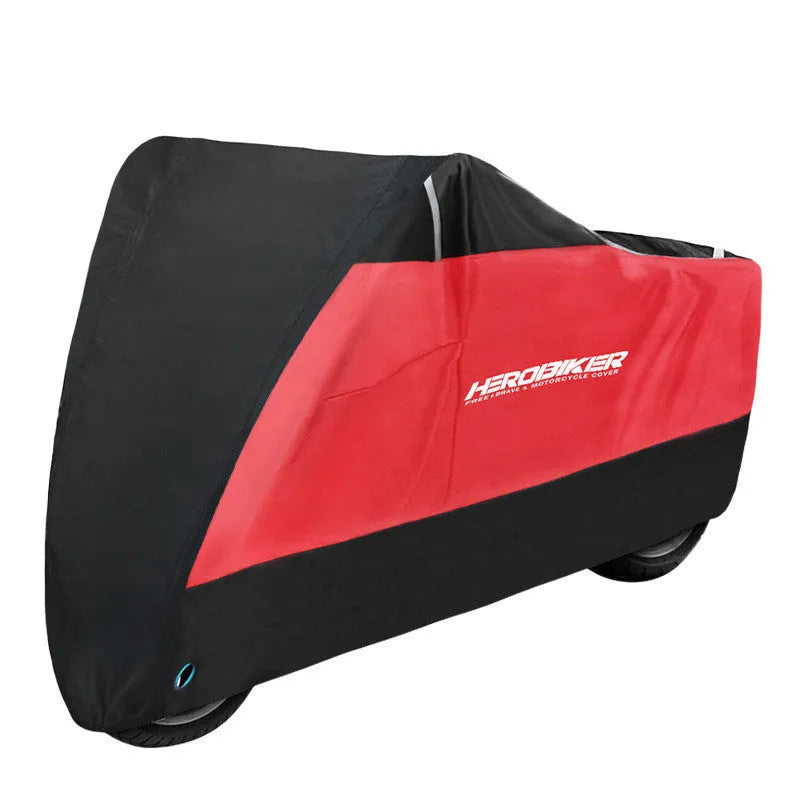Motorcycle rain cover for electric vehicles in black with red accents showing anti-theft features