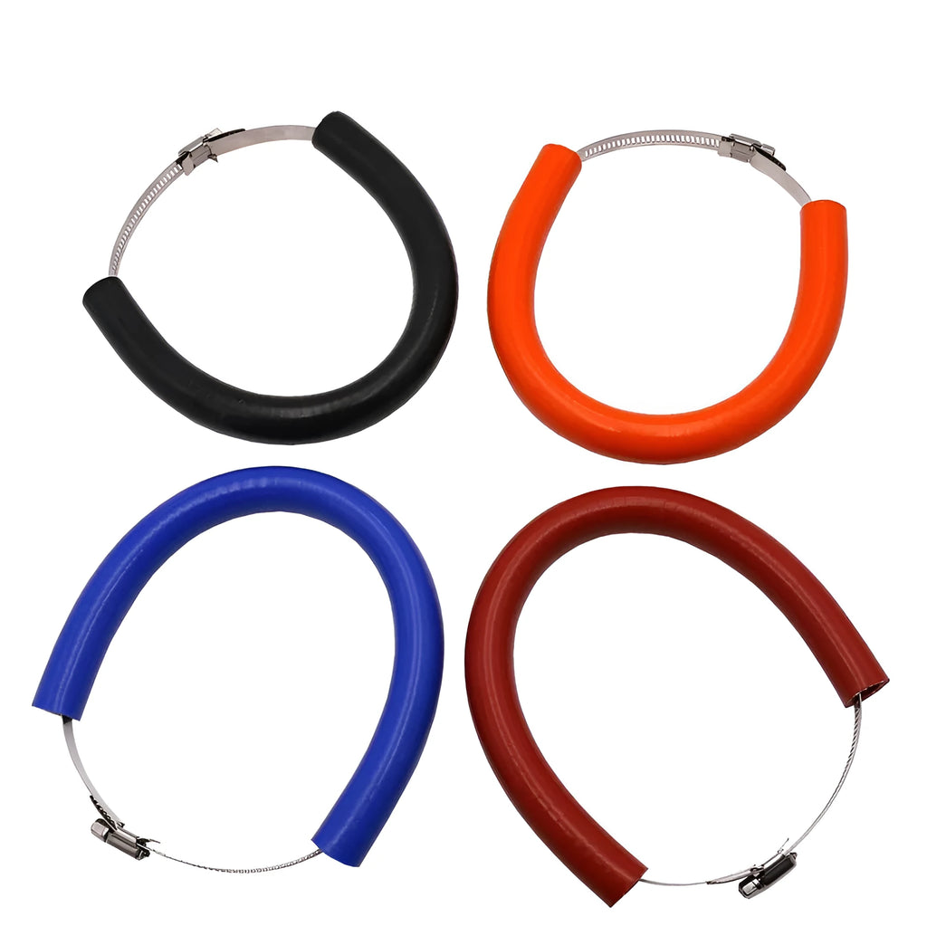 Universal motorcycle exhaust pipe anti-drop wring in black, blue, and orange colours with an exhaust gasket.