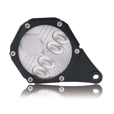 Black carbon fibre pattern motorcycle tax seal with metal alloy body and six-corner screw, 100mm by 7mm.