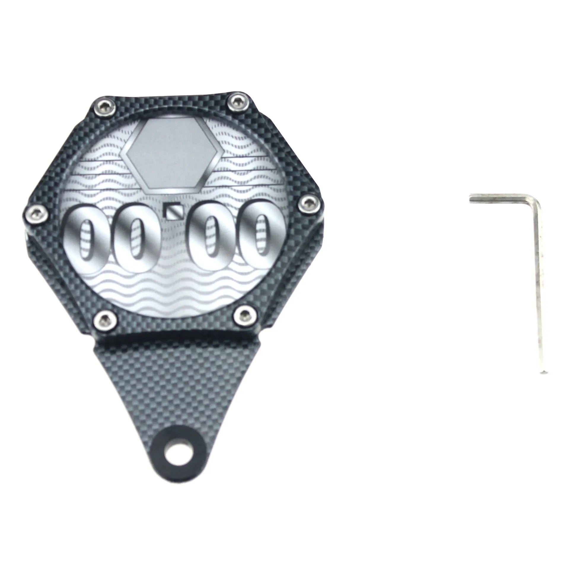 Black carbon fibre pattern motorcycle tax seal with metal alloy body and six-corner screw, 100mm by 7mm.