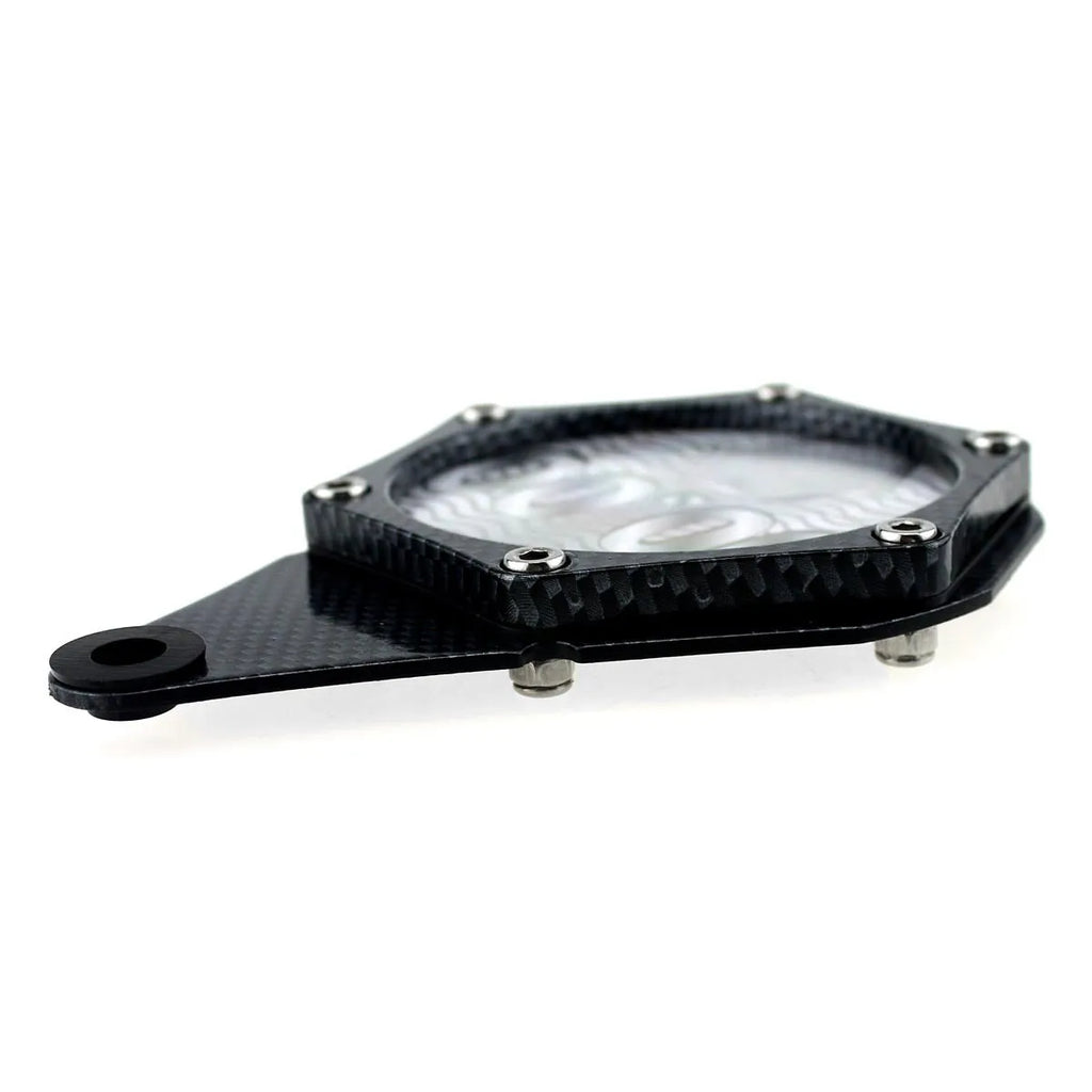 Black carbon fibre pattern motorcycle tax seal with metal alloy body and six-corner screw, 100mm by 7mm.