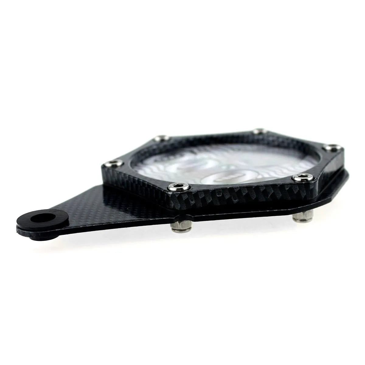 Black carbon fibre pattern motorcycle tax seal with metal alloy body and six-corner screw, 100mm by 7mm.