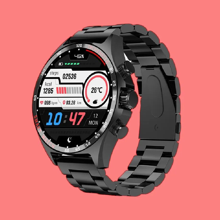 Smart watch with health monitoring display showing heart rate and activity data