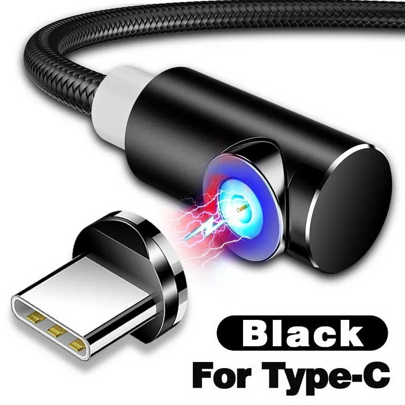 Black magnetic charging cable with aluminium alloy connectors and Micro USB, Type C, and Apple compatible magnetic tips.