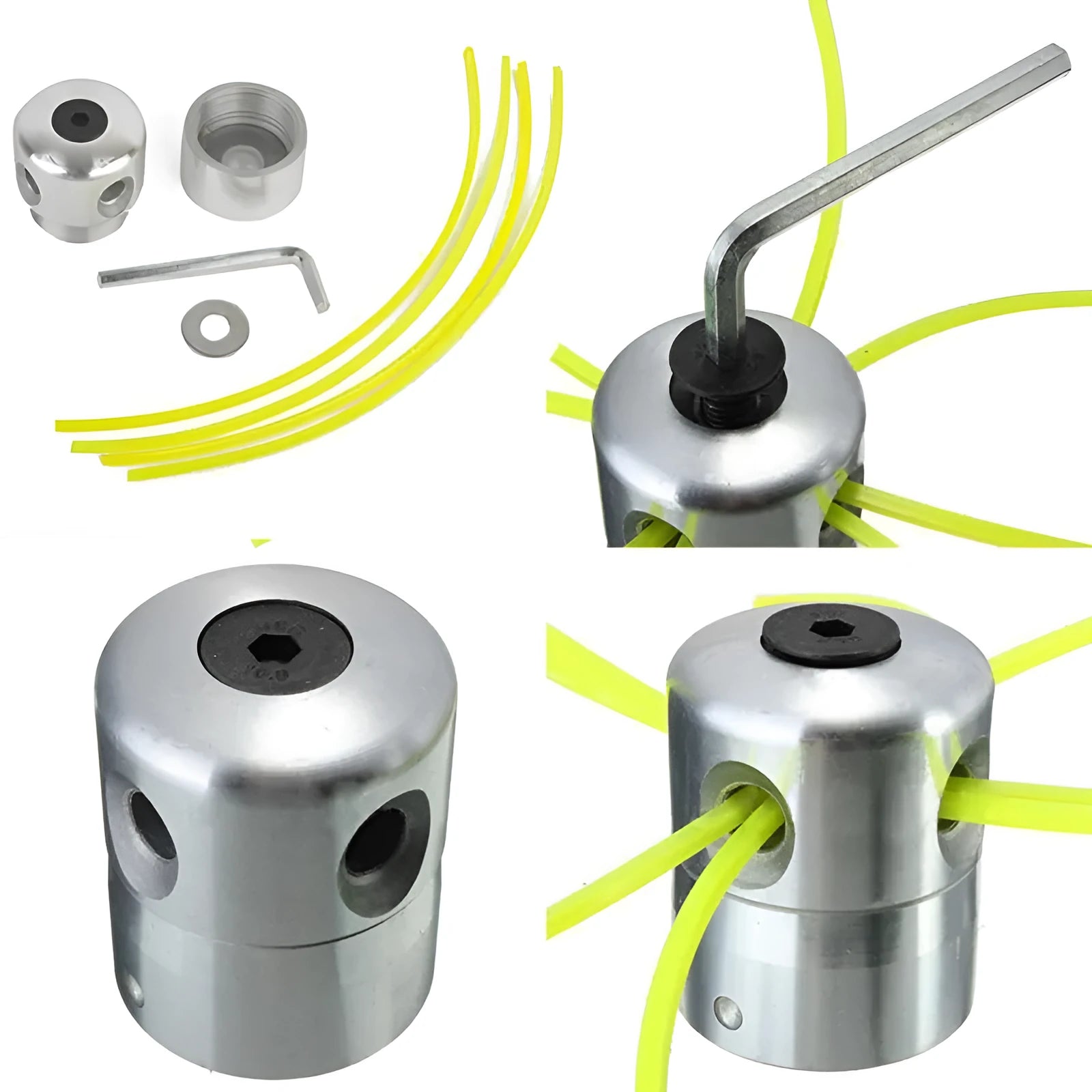 Silver aluminium lawn mower grass head accessory with four light yellow square grass ropes and installation tools