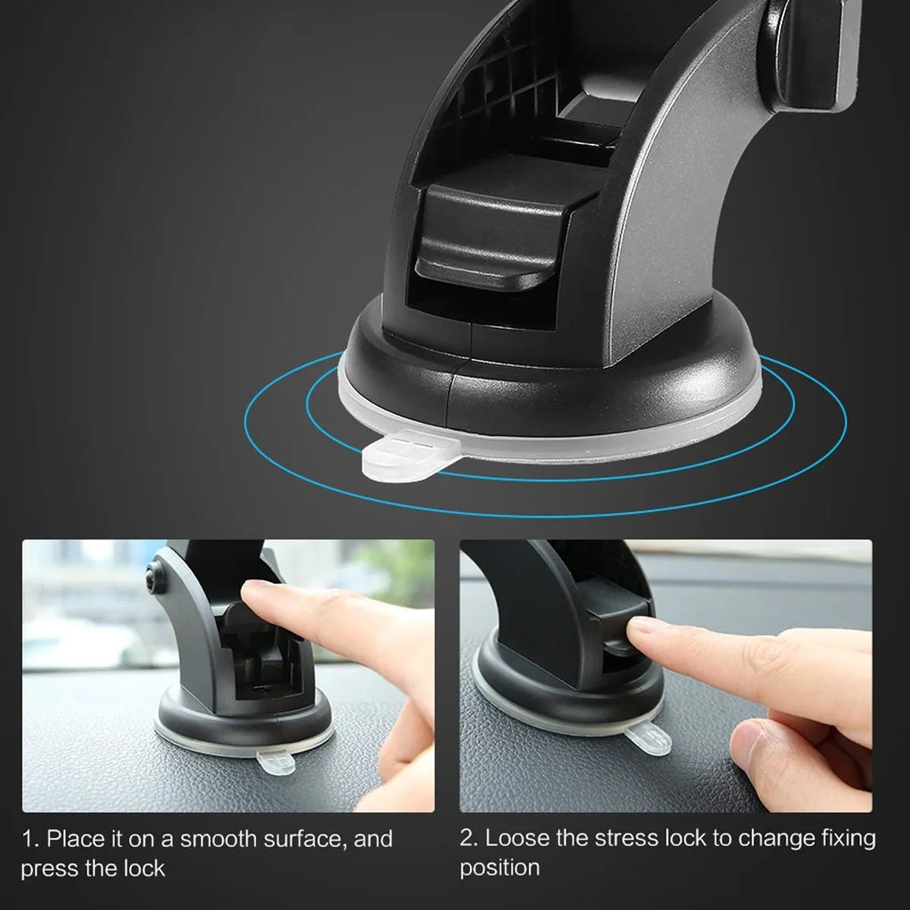 Yellow and black telescopic car phone holder with extendable arm and suction cup mount on dashboard