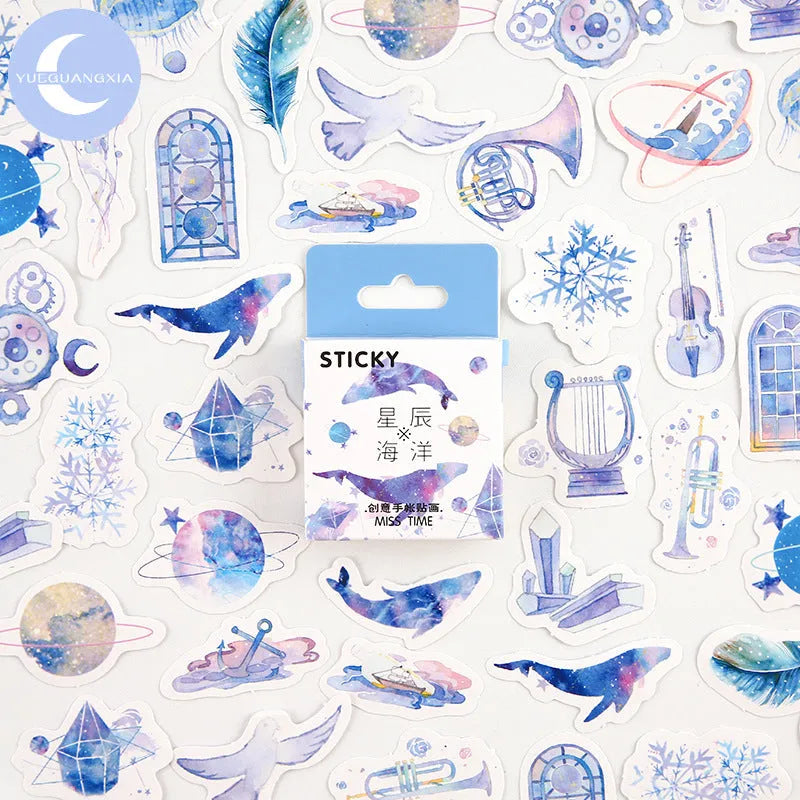 Pack of 46 small colourful cartoon decorative stickers for journals, shown with themed sets.