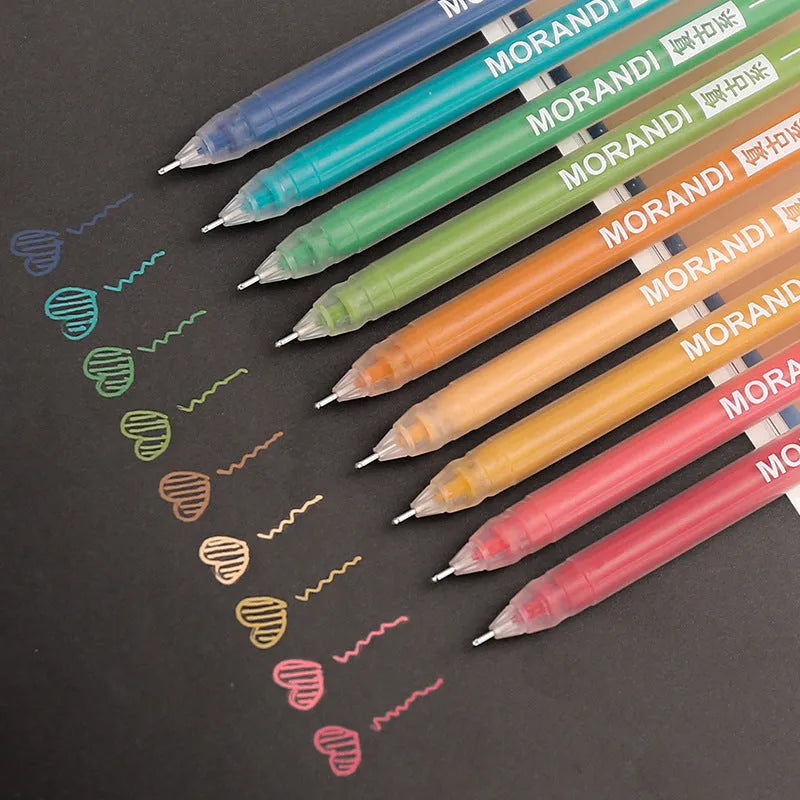 Set of nine retro gel pens with 0.5mm needle tips in plastic casing arranged by colour series