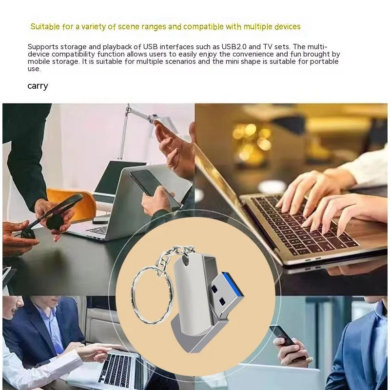 White metal rotating USB flash drive showing compact size next to protective pp bag